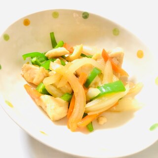 胸肉玉葱ピーマン大蒜醤油炒め